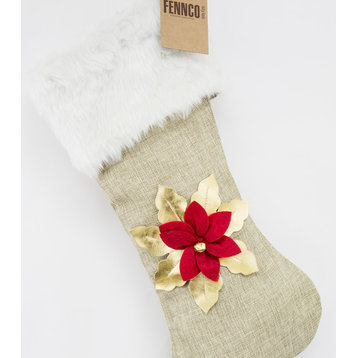 Holiday 3D Poinsettia Christmas Hanging Stocking, 8"x19", Gold and red