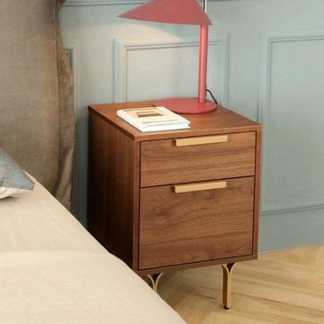 Cottage Walnut Nightstand 2 Drawers Bedside Table with Brass Pulls in Metal Legs