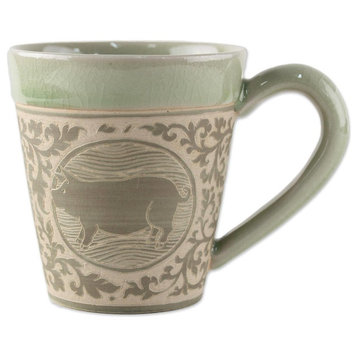 Thai Zodiac Pig Celadon Ceramic Mug