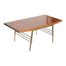 Midcentury Oak Coffee Table with Brass Architectural Base - Coffee Tables