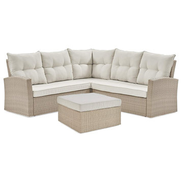 4 Pieces Patio Set, Cushioned Sectional Sofa & Deep Tufted Back Cushions, Cream