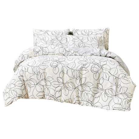 Tache Modern Leaf Foliage Abstract White Grey Black Reversible Duvet Cover, Cal