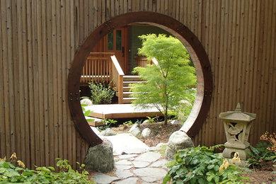 This is an example of an eclectic backyard stone landscaping in Seattle.