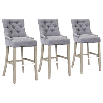 Hayes 29" Upholstered Tufted Wood Bar Stool (Set of 3), Antique Gray