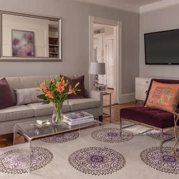 Living Room in Purple & Grey with a Splash of Orange