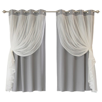 Grommet Blackout Curtains With Tulle Overlay, Gray, 63"