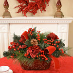 Floral Home Decor - Pine and Berry Christmas Centerpiece - Decorate for the holidays with our beautiful Christmas centerpiece. Our large centerpiece is filled with lush pine, red berries, pine cones, magnolia foliage, and red hydrangeas. Placed in an oval  brown planter. Measures 14"h x 22"L x 13" D