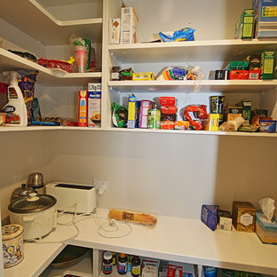 Large contemporary kitchen pantry inspiration - Kitchen pantry - large contemporary u-shaped medium tone wood floor kitchen pantry idea in Sydney with a drop-in sink, flat-panel cabinets, white cabinets, solid surface countertops, blue backsplash, glass sheet backsplash, stainless steel appliances and no island