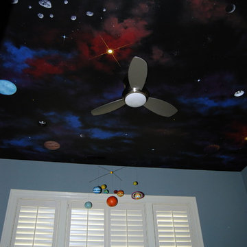 Space Night Sky Ceiling Mural in a kids bedroom by Tom Taylor of MuralArt.com