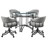 Armen Living - Tibet 5-Piece Dining Set, Round Glass Tabletop & Faux Leather Rolling Chairs - Elevate your dining experience with the sophisticated comfort of the Tibet 5 Piece Dining Set by Armen Living. This set includes 1 contemporary round glass dining table and 4 rolling swivel chairs. Showcasing industrial notes and an elegant mix of materials, this dining set offers elevated style with practical details. The 48-inch round glass top of the dining table rests upon a sleek, 100-percent iron base. The modern design of the base mixes clean lines and curves to achieve an open and sophisticated presence. Our round dining table can comfortably seat up to 4 people, making it the perfect setting for intimate dinners and family gatherings. Crafted with high-quality materials and meticulous craftsmanship, our table supports up to 200 pounds and will bring charm and elegance to your home for years to come. It is perfectly complimented by our Tibet rolling chairs. These chairs showcase a cozy profile with their well-padded barrel backs, upholstered arms, and seats generously cushioned with 2.5 inches of high-density foam. These swivel chairs are upholstered in high-quality faux leather that is resistant to cracking, water, stains, and fading to offer easy maintenance and extra durability. The Tibet chair includes rolling casters and 360-degree swivel function, allowing you to change directions and follow conversations with ease. This dining set serves as a stylish and functional compliment to your eat-in kitchens, dining room, or living spaces. The Tibet Dining Set is primed to seamlessly integrate into your existing home decor or anchor the design of a new space, so get ready to start making memories at your new favorite statement piece.
