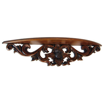 Hand Carved Wooden Moonbay Wall Shelf In Floral Design, Brown
