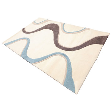Ivory Blue Color Hand Tufted High Low Pile Rug, 5'x8'