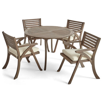 Chloe Outdoor 5 Piece Acacia Wood Dining Set with Round Table, Gray/Creme