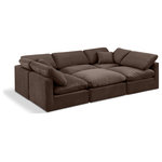 Meridian Furniture - Indulge Upholstered Modular U-Shaped Sectional, Brown, 6-Piece: 3 Armless Chair, 2 Corner Chair, 1 Ottoman, Down Stuffed Velvet - Experience ultimate comfort and style with our brown velvet Indulge Sectional. The luxurious velvet will elevate the aesthetic of any room. This sofa provides ample space for you to relax while its modular build offers the option of unlimited configurations. Whether you're looking to add a stylish element to your living room or a comfortable seating option to your bedroom, this sofa is the perfect choice.