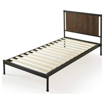 Modern Industrial Platform Bed, Hardwood Construction With Panel Headboard, Twin
