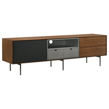 Calico Entertainment Center, Walnut Wood Veneer With Gray Matte Painted Accents