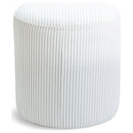 Meridian Furniture - Roy Microsuede Fabric Upholsetered Ottoman/Stool, Cream, Round - Upgrade your living space with the Roy Microsuede Fabric Ottoman/Stool. This versatile piece of furniture not only adds a pop of color to your room but also serves as a comfortable and practical seating option. The soft cream microsuede fabric and corduroy texture provide a cozy and inviting feel that blends seamlessly into any decor style. The round compact design of the Roy Microsuede Fabric Ottoman/Stool makes it perfect for small spaces, while the sturdy construction ensures durability and longevity.