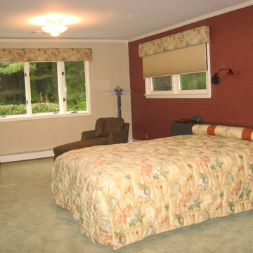 Tailored Bedspread with Custom Design Bolster, Cornices over Duette Shades