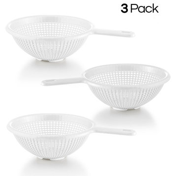 YBM Home Plastic Deep Colander Strainers with Long Handle, 8.5 Inches (3 PACK), White