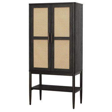 Tall Storage Cabinet, Doors With Rattan Front & Adjustable Shelves, Charcoal
