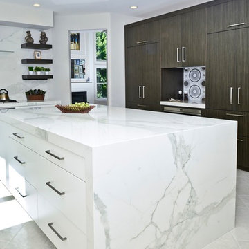 Contemporary Kitchen countertops, island, and backsplash, in Slim Slab Calacata