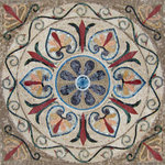 Mozaico - Arabesque Floral Mosaic - Yanu, 35"x35" - Our stunning Yanu Arabesque floral mosaic square showcases a blue flower center surrounded by red and green lotuses and stylized red, pink and gold palmettes in aqua colored hearts. Use this stunning mosaic to create a kitchen backsplash or pick one of our optional frames for an eye-catching custom mosaic wall artwork, ready to add visual impact to your favorite space.