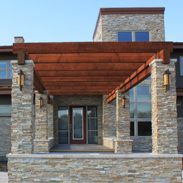 Modern Natural Wood and Stone Pergola Front Entryway