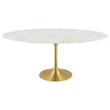 Faux White Marble Tulip Dining Table, Oval, Glam Gold Table, 78"