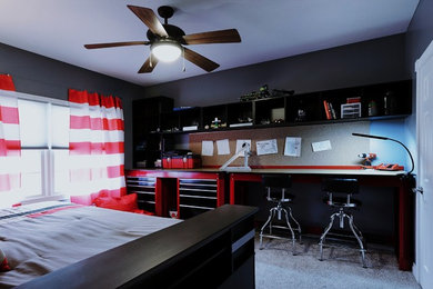 Bedroom - small industrial carpeted bedroom idea in Other with gray walls