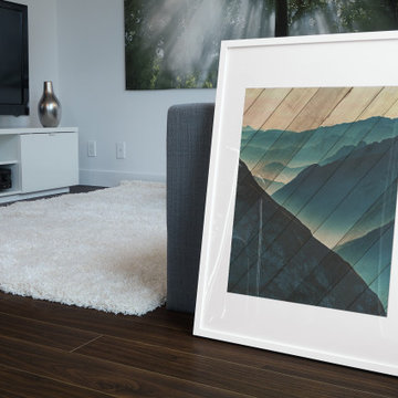 Faux Wood Misty Blue Silhouette Mountain Range Landscape Photo Wall Art Print