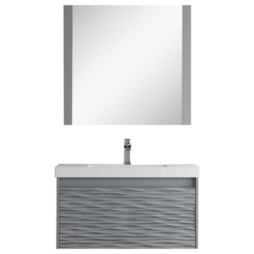 Floating Bathroom Vanity Set, Metal Grey, 36" With Sink, Mirror