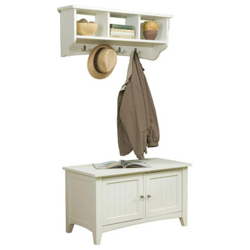 Traditional Storage Bench & Coat Hanger Set, 2 Cabinets & 4 Double Hooks, Ivory