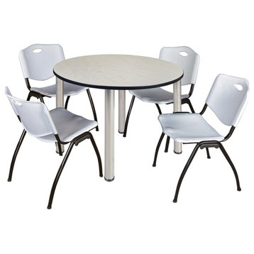 Kee 48" Round Breakroom Table, Maple/ Chrome and 4 'M' Stack Chairs, Gray