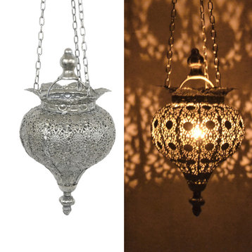 Antique-Style Silver Oriental Metal Hanging Pendant Light Candle Lantern, Small