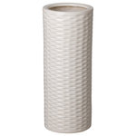 EMISSARY - Round Umbrella Stand White 8x19 - This Umbrella Stand/Vase is handcrafted with ceramic and has a textured finish with a white glaze. This umbrella stand is available in a number of finishes. The design brings elegance to homes and living spaces.