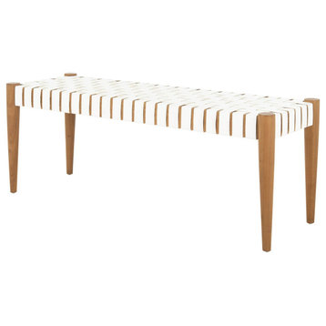 Contemporary Bench, Mindi Wood Frame With Leather Woven Seat, Gold Leaf