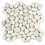 CNK Tile - White Pebble Tile - Each pebble is carefully selected and hand-sorted according to color, size and shape in order to ensure the highest quality pebble tile available. The stones are attached to a sturdy mesh backing using non-toxic, environmentally safe glue. Because of the unique pattern in which our tile is created they fit together seamlessly when installed so you can't tell where one tile ends and the next begins!