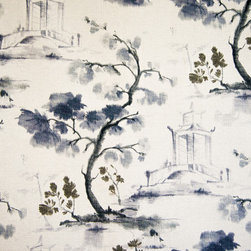 Oriental toile fabric charcoal ink wash painting literati pagoda - Fabric