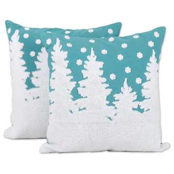 Novica Handmade Turquoise Winter Cotton Cushion Covers (Pair)