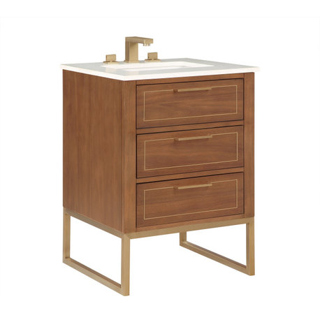 Markham Bathroom Vanity, Walnut/Satin Brass, 24", Calacatta Quartz Top