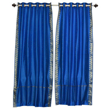 Lined-Blue Ring Top  Sheer Sari Curtain / Drape / Panel   - 43W x 63L - Piece