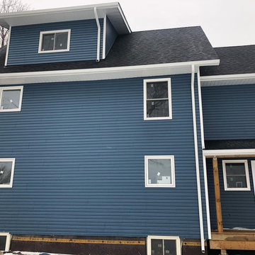 Kaycan Cabot blue country vinyl siding project in Caledon