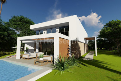 Imagen de fachada de casa blanca y blanca contemporánea grande de dos plantas con revestimiento de hormigón, tejado plano, tejado de metal, panel y listón y escaleras