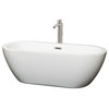 Soho 68" Freestanding White Bathtub, Brushed Nickel Tub Filler & Trim Kit