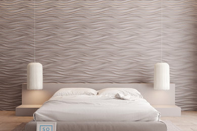 Imagen de dormitorio principal nórdico de tamaño medio sin chimenea con paredes beige, suelo de baldosas de cerámica y suelo beige