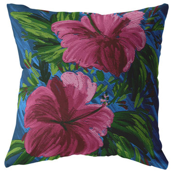 Hawaiian Flowers Broadcloth Indoor Outdoor Zippered Pillow Hot Pink on Blue