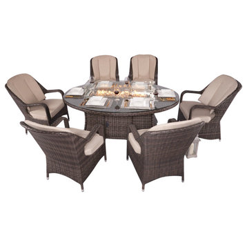 Outdoor Patio Wicker Furniture Gas Fire Pit Table with 6 Chairs Set, Brown, Oval