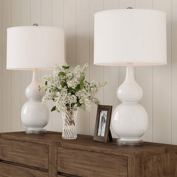Lavish Home Set of 2 Ceramic Double Gourd Table Lamps, White