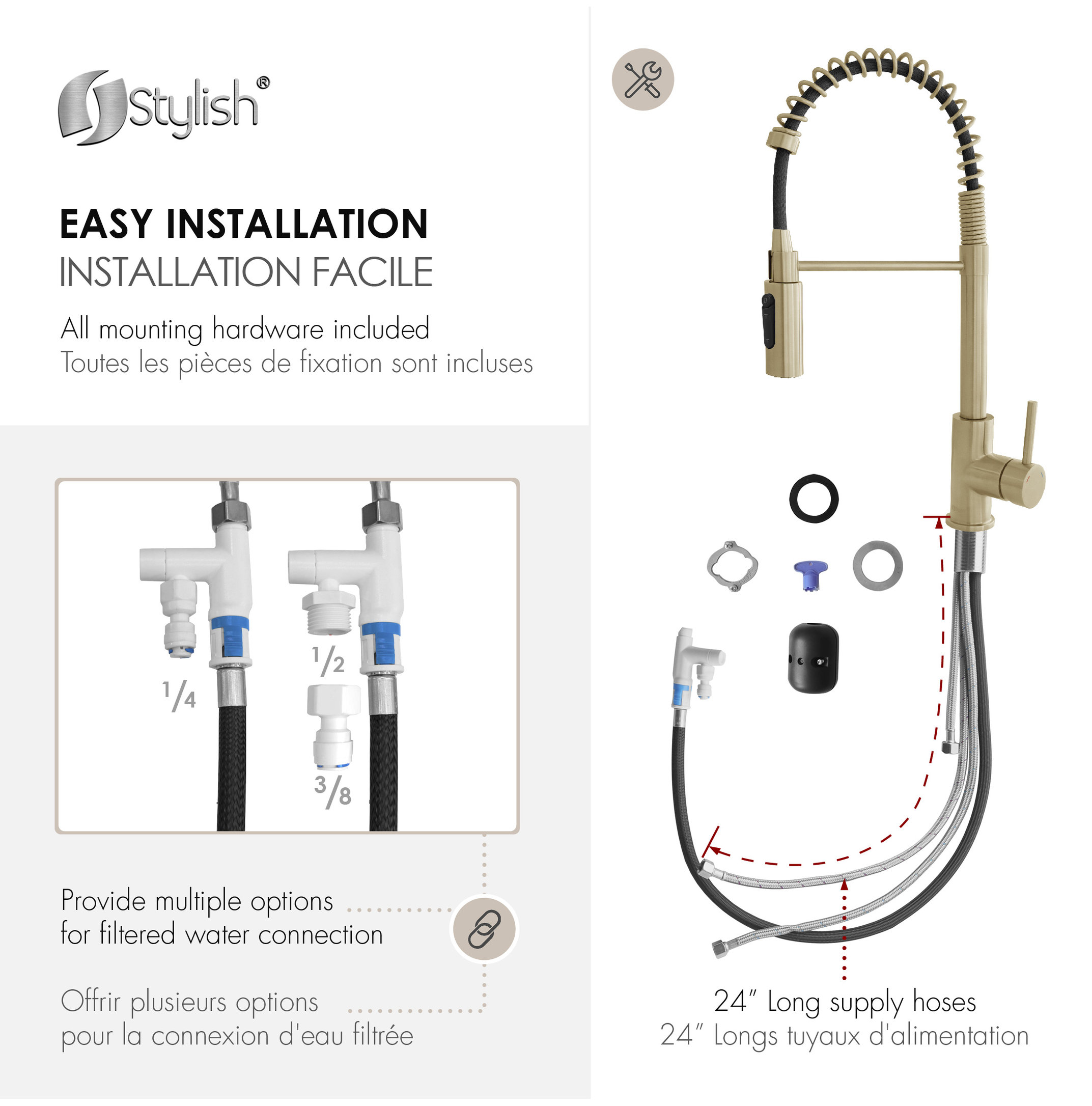 STYLISH Milano Pull-Down Kitchen Faucet with water filter, Stainless Steel., Brushed Gold