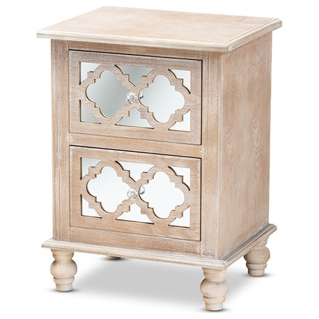 Celia Rustic White-Washed Wood And Mirror 2-Drawer Quatrefoil End Table